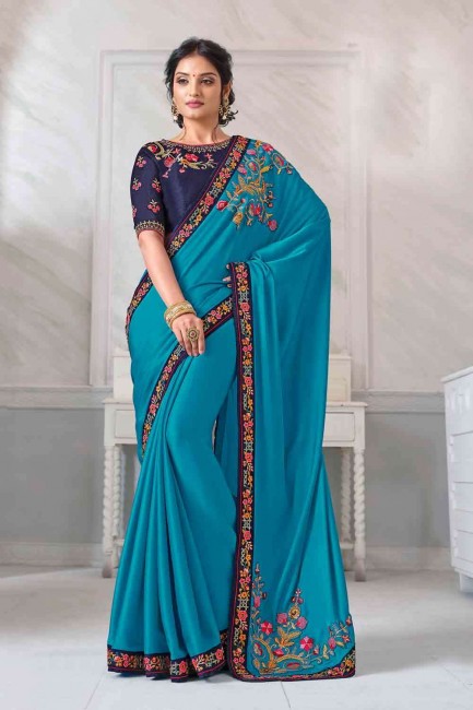 Embroidered Silk Saree in Sky Blue with Blouse