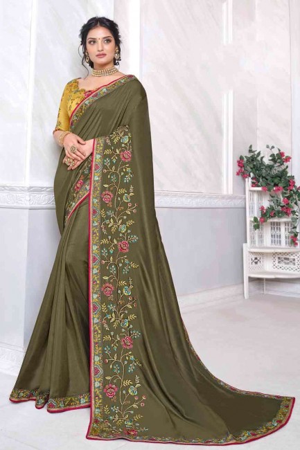 Olive Green Saree in Silk with Embroidered