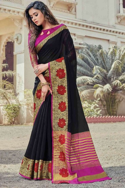 Cotton Saree with Weaving in Black