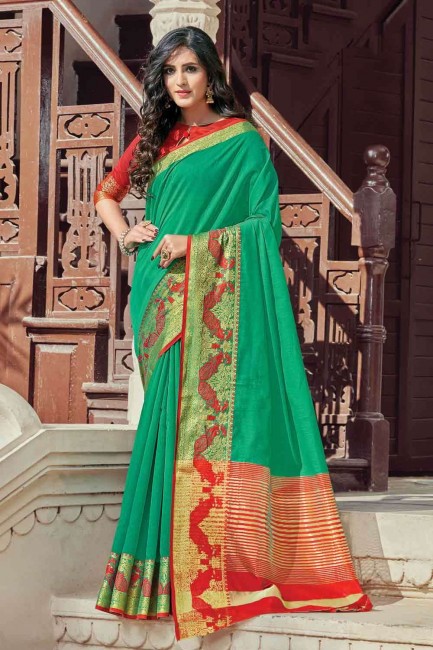 Green Saree in Cotton with Weaving
