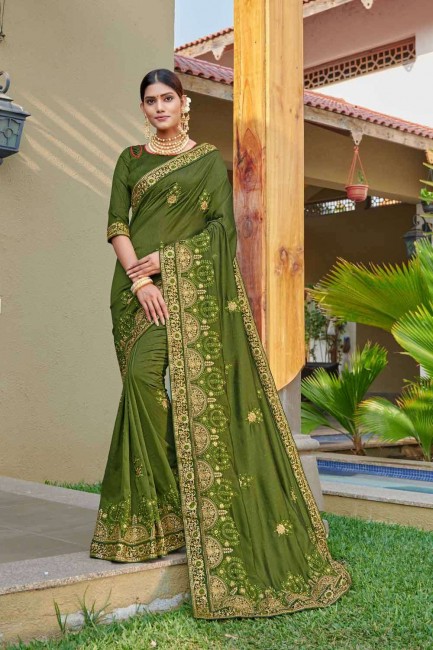 Saree in Green Silk with Embroidered