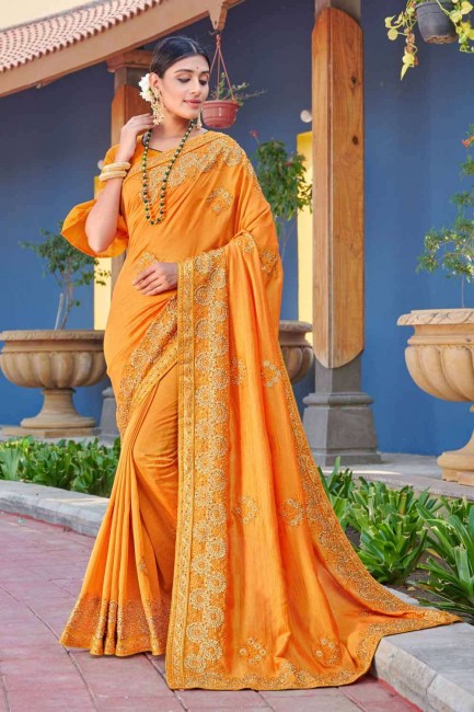 Fashionable Orange Silk Saree with Embroidered