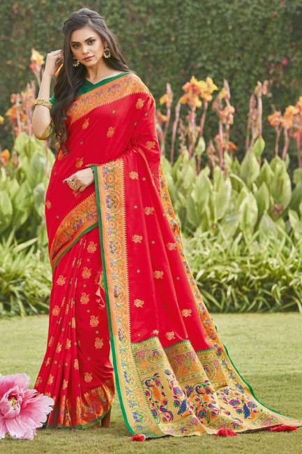 South Indian Saree in Red Silk with 