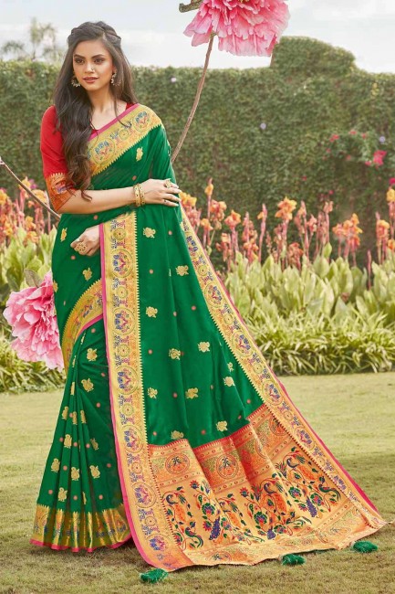 Green South Indian Saree in  Silk