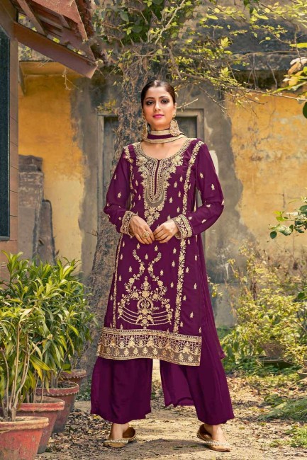 Faux Georgette Palazzo Suit in Wine 