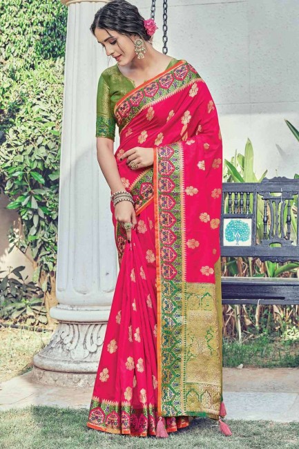 Silk South Indian Saree in Rani  with Weaving