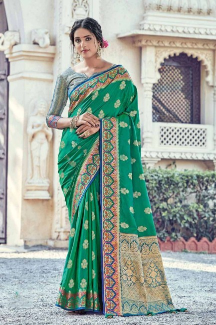 South Indian Saree in Green Silk with Weaving