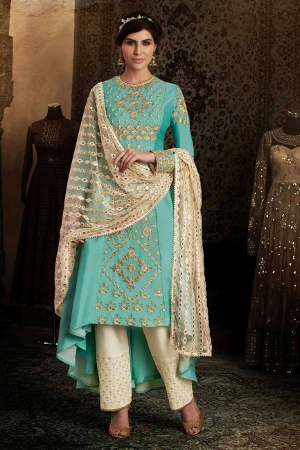 Firozi Anarkali Suit in Silk with Silk