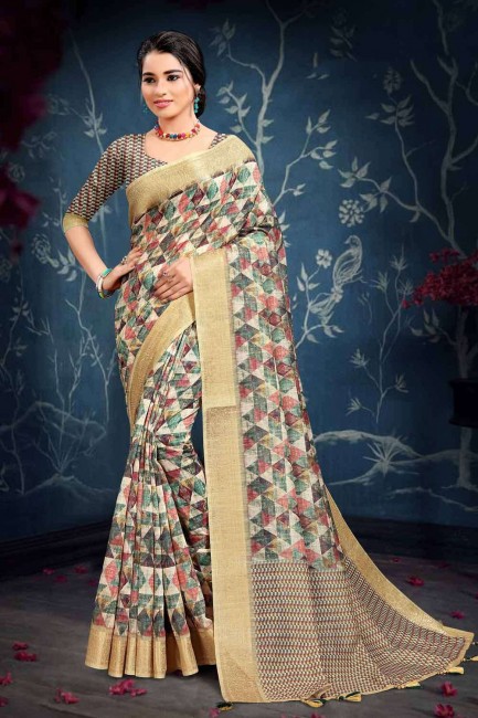Cotton Saree with Printed in Off White