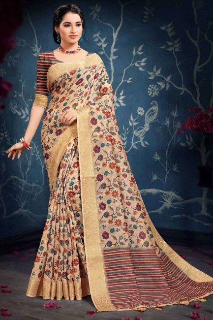 Fawn  Cotton Printed Saree with Blouse