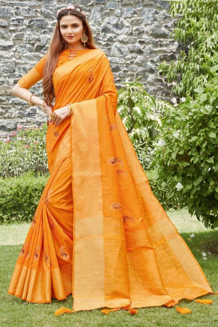 Mustard South Indian Saree in Embroidered Silk