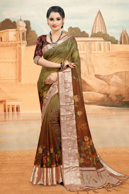 Lace Border Silk South Indian Saree in Light Brown with Blouse