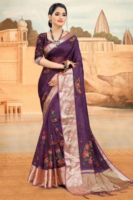 Lace Border Silk South Indian Saree in Burgundy Purple