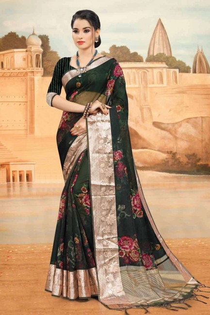 Green Lace Border South Indian Saree in Silk