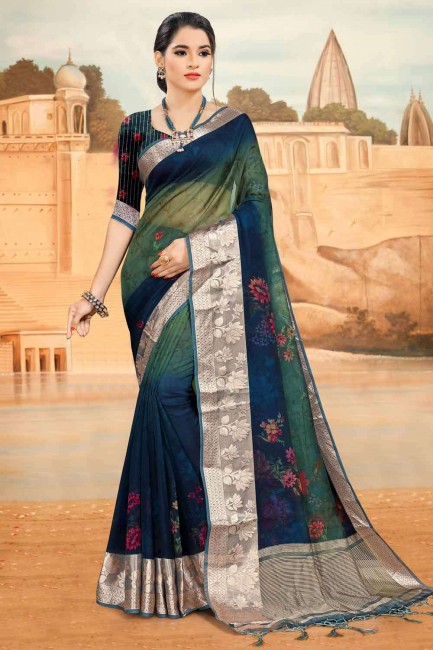 Blue South Indian Saree in Lace Border Silk