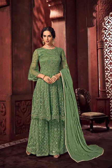 Green Net Sharara Suit in Net
