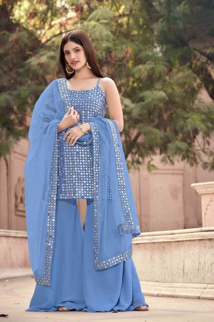 Georgette Sharara Suit with Georgette in sky Blue