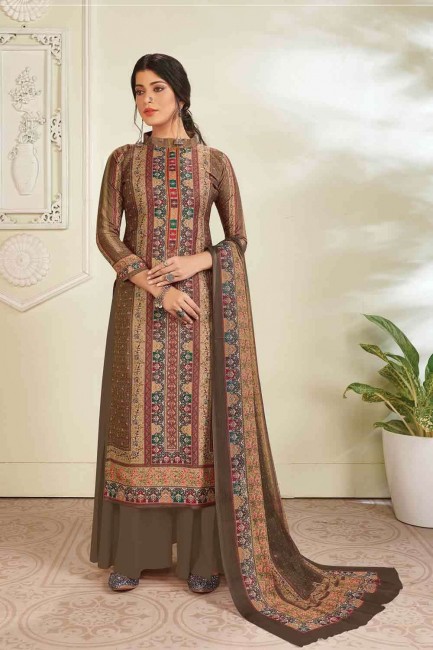 Pure pashmina Dusty Brown Palazzo Suit in Pure pashmina