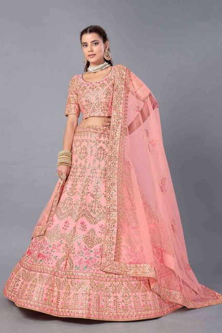 Embroidered Lehenga Choli in Pink Art Silk and Dupatta In Pink