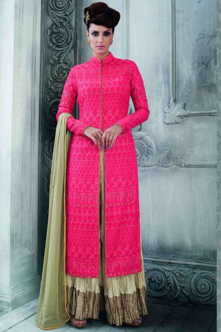 Red Tussar Silk Palazzo Suit in Tussar Silk