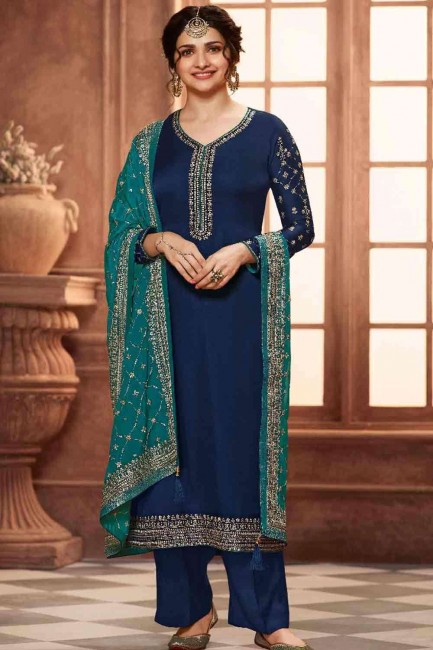 Satin Palazzo Suit with Satin in Blue