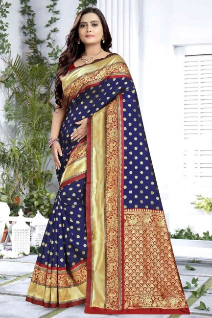 New Navy Blue Banarasi raw Silk Banarasi Saree with Weaving