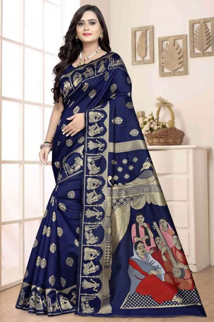 Blue Printed Banarasi raw Silk Banarasi Saree