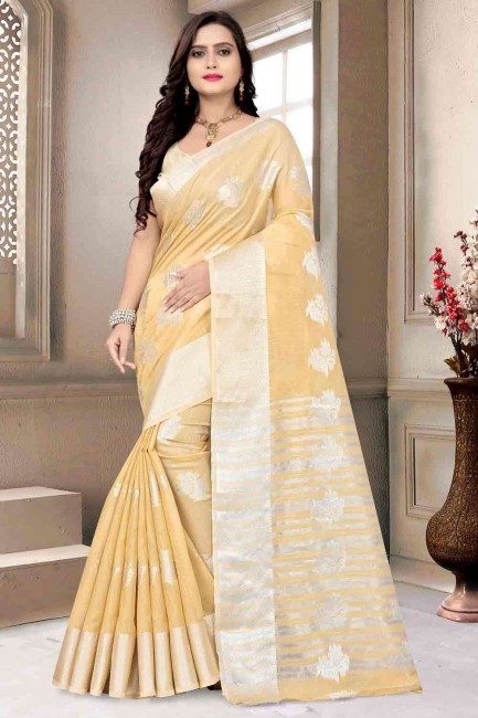 Saree in Cream Cotton with Weaving