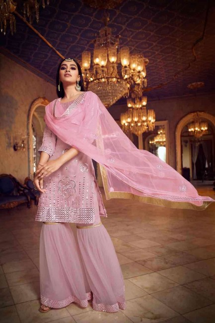 Baby Pink Sharara Suit in Silk with Silk