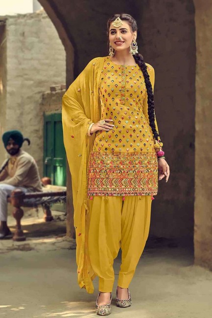 Faux Georgette Salwar Patiala Suit in Yellow Faux Georgette