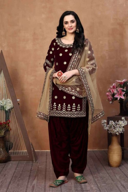 Dazzling Brown Velvet Patiala Suit