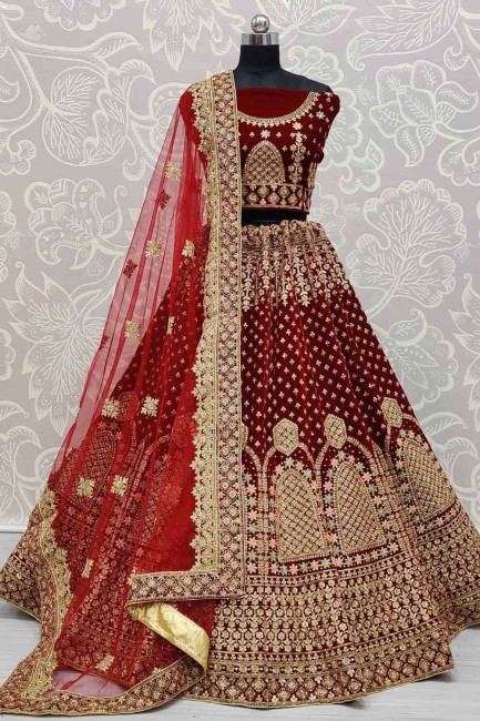 Lehenga Choli in Maroon Velvet with Embroidery
