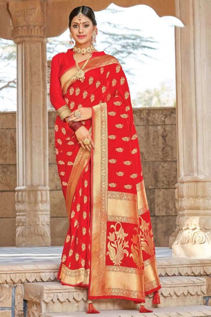 Indian Ethnic Weaving Silk Wedding Saree in Red