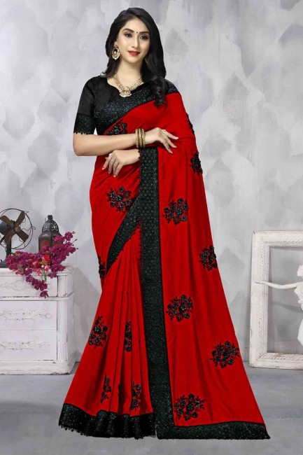 Stylish Silk Saree with Embroidered in Red