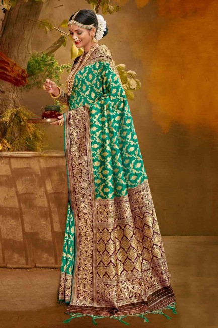 Beautiful Rama Banarasi raw Silk Weaving Banarasi Saree with Blouse