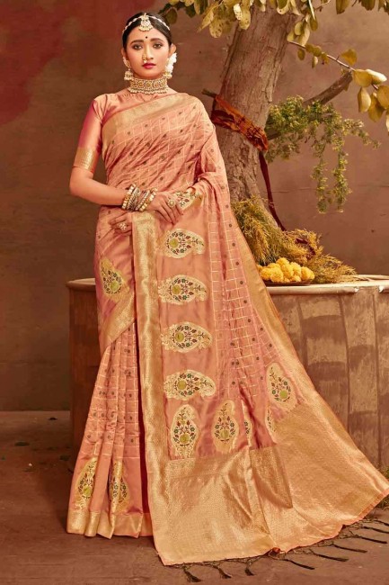 Peach Banarasi Saree in Banarasi raw Silk with Weaving