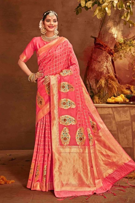 Latest Pink Banarasi raw Silk Banarasi Saree with Weaving