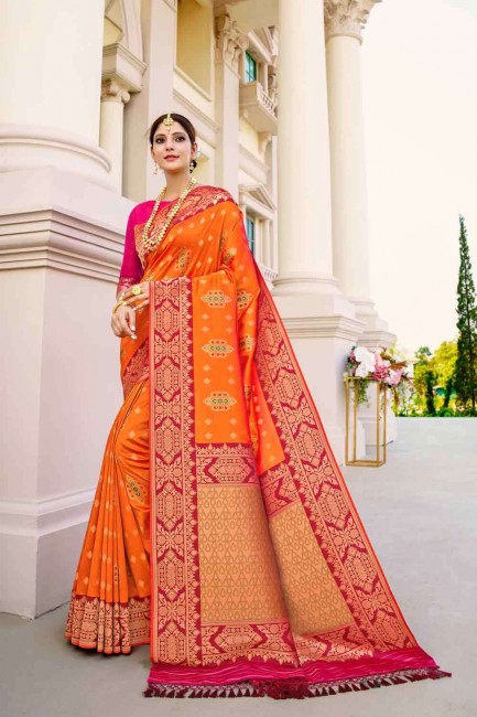 Enticing Banarasi raw Silk Banarasi Saree with Weaving in Orange