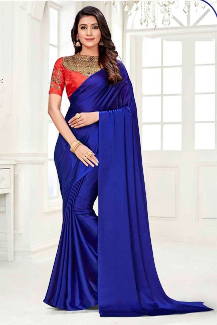 Saree in Royal Blue Chiffon with Printed