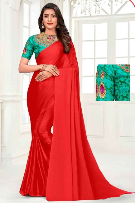 Printed Saree in Red Chiffon