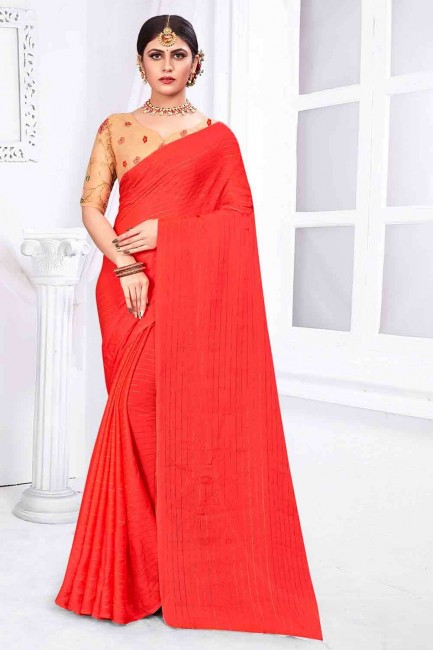 Red Saree with Weaving Silk
