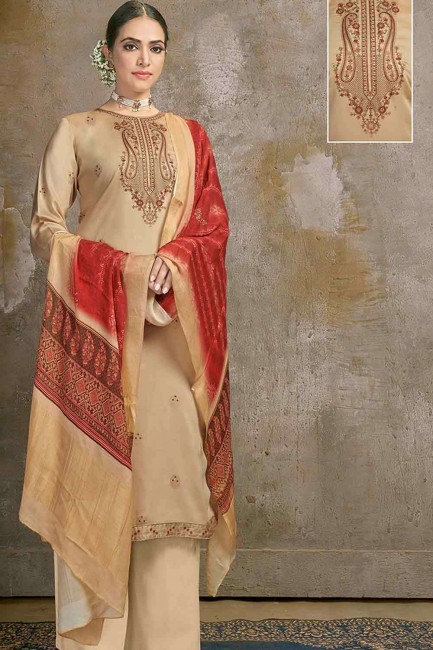 Cotton Palazzo Suit in Beige with Cotton