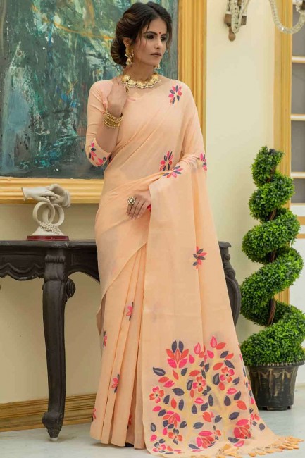 Cotton & Linen Saree in Peach with Printed