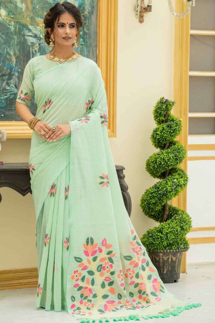 Saree in Green Cotton & Linen with Printed