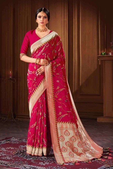 Designer Pink Banarasi raw Silk Weaving Banarasi Saree with Blouse