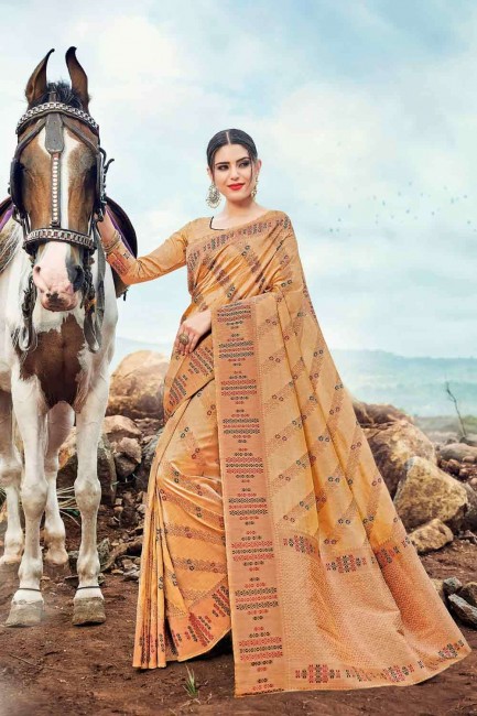Fawn  Banarasi Saree with Weaving Banarasi raw Silk