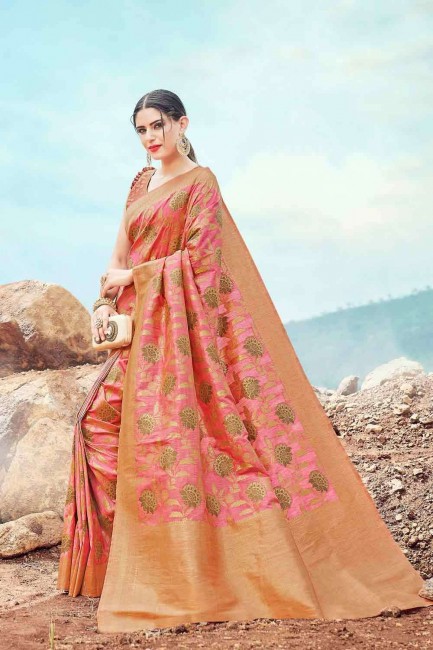 Contemporary Weaving Banarasi Saree in Pink Banarasi raw Silk