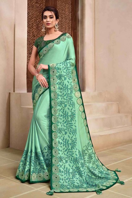 Georgette & Silk Saree with Embroidered in Green