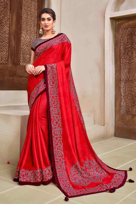 Red Saree in Georgette & Silk with Embroidered