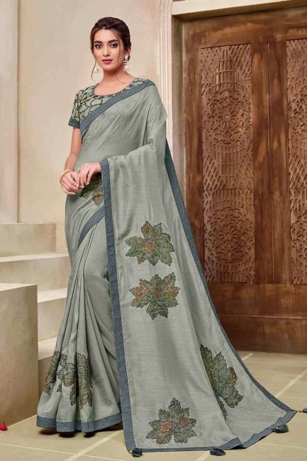 Gorgeous Grey Embroidered Saree in Silk